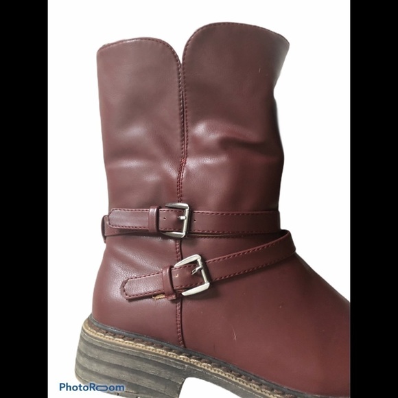 Steve Madden Maximus Burgundy Double Buckle Leather Boot Charcoal Sherpa Lined - Picture 8 of 8